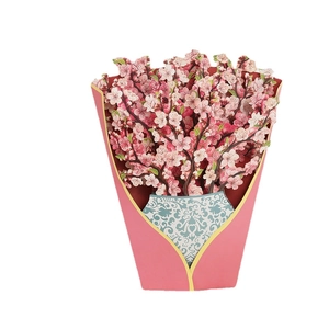 Creative 3D pop up greeting card featuring pink cherry blossom bouquet in blue vase