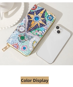 Detailed view of long zip wallet with colorful mandala print and phone size comparison