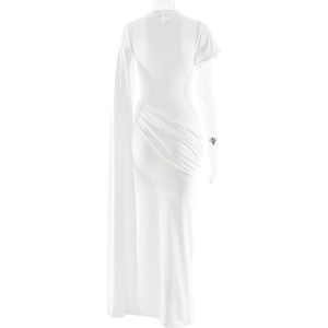 Detail view of the back design with pleated fabric and draped streamers on white maxi dress