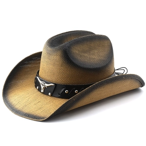 Chapeau de cowboy en paille dégradé marron avec bande cuir et emblème tête de taureau