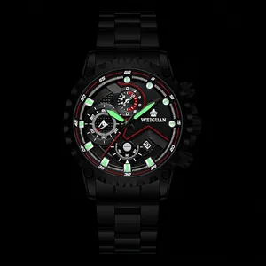 WEIGUAN matte black men's sports watch with luminous green hands and chronograph dial