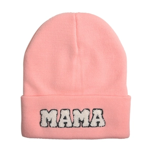 Pink knitted beanie with white MAMA chenille letter embroidery and folded cuff design