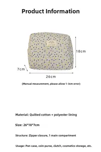 Detailed specs of quilted cotton floral cosmetic bag with zipper and large main compartment