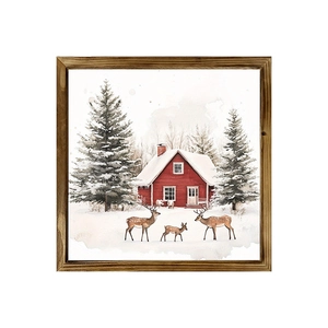 Square wooden frame Christmas painting with snowy cabin, deer, and rustic fir trees