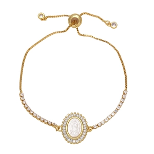 Virgin Mary bolo bracelet in gold-plated copper with sparkling white cubic zirconia stones