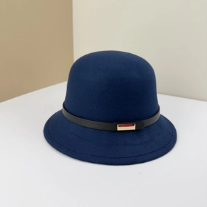 Elegant navy blue wool cloche hat with black leather belt and golden buckle detail