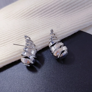 Polished silver spiral hollow teardrop earrings with a minimalist 3D geometric design