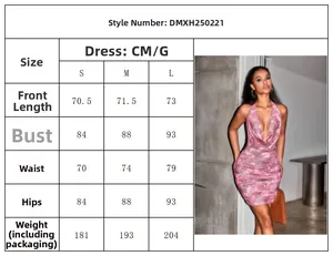 Tableau des tailles détaillé pour la mini-robe licou sexy imprimée avec mesures précises