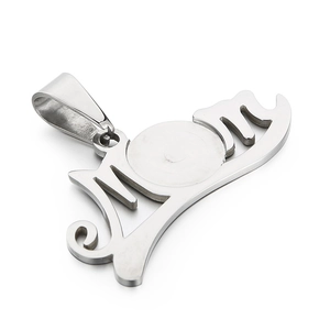 Pendentif MOM en argent avec support photo rond en acier inoxydable poli brillant