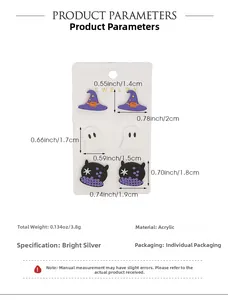Detail view of Halloween acrylic earring set with ghost, witch hat, and potion bottle