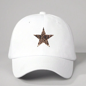 White baseball cap featuring a leopard print star patch and adjustable curved brim