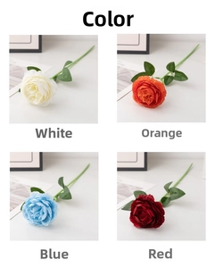 Detail of faux roses in white, orange, blue, and red with realistic petals and leaves