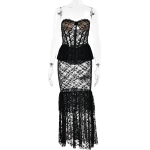 Sexy black lace sheer tube fishtail maxi dress with floral embroidery and ruffles