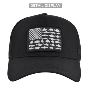 Detail view of the breathable mesh back and structure of a black trucker baseball cap