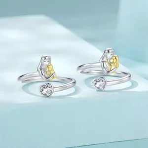 925 sterling silver mother and child open ring with heart zircon and gold plating
