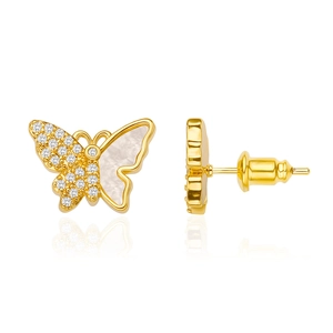 Elegant butterfly stud earrings with gold plating, sparkling zircons and white shell inlay