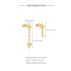 Detail of S925 sterling silver asymmetrical star earrings with AAAAA zircon stones
