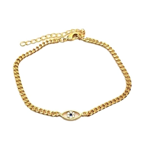 Elegante bracciale occhio greco dorato con pietre di zircone blu e bianche e chiusura a moschettone