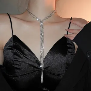 Lange Quasten Y-Form Halskette Zweilagig Mit Strass Besetzt Legierung Choker Elegante Schmuck Für Frauen Party Geschenk