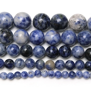 Polished blue sodalite round beads for DIY jewelry making in various sizes on white background