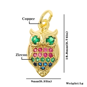 Detail of copper owl pendant with colorful zircon stones including size and weight specs