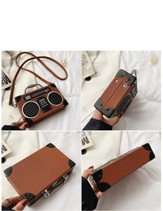 Detail shots of the vintage radio box bag featuring brown leather and metallic handle