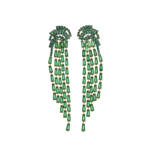 Emerald green tassel earrings with flower stud and long dangling cubic zirconia stones