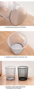 Detail of round metal mesh bin showing reinforced base and stackable iron design