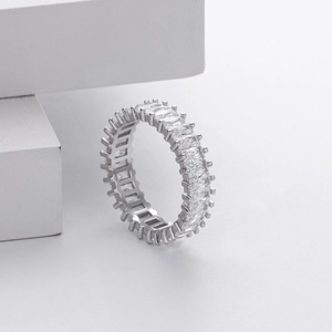Macro detail of S925 silver ring featuring full pavé set rectangular clear zircon stones