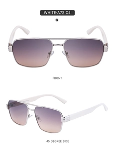 Detailed front and side views of silver metal square sunglasses with gradient lenses