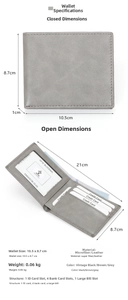 Detailed view of grey vintage leather RFID wallet showing internal slots and dimensions