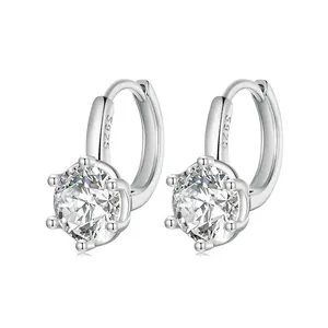 925 Sterling Silver Six-Prong Round Zirconia Hoop Earrings For Women Simple Elegant Electroplated Silver Fine Jewelry Accessory