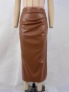 Brown high-waisted PU leather skirt with asymmetric side pleats and side slit