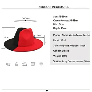 Red and black gradient wool felt jazz hat with wide brim for men and women