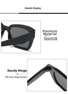 Détail de lunettes de soleil carrées montrant les charnières métalliques renforcées