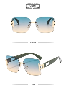 Front and side views of luxury rimless square sunglasses with green gradient lenses