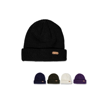 Kids Winter Knitted Beanie Ribbed Acrylic Warm Cuffed Hat With Deer Leather Patch For Children Boys Girls