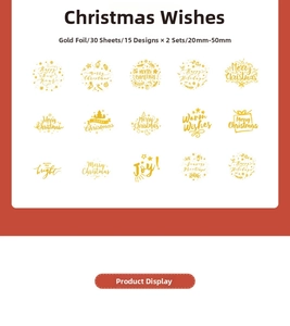 Détail montrant 15 motifs d'autocollants de Noël dorés avec des vœux de fête