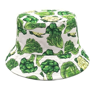 White bucket hat with realistic green vegetable prints for outdoor casual sun protection