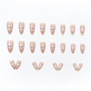 Press-on nails set with 24 medium almond pieces featuring cute cat and bow designs
