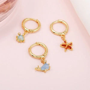 18K gold plated ocean charm earrings set featuring blue sea turtle and whale designs