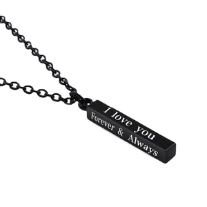 Black stainless steel bar pendant necklace with I love you Forever & Always engraving