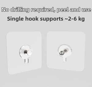 Close-up of clear adhesive screw hooks with square base and 2-6kg load capacity