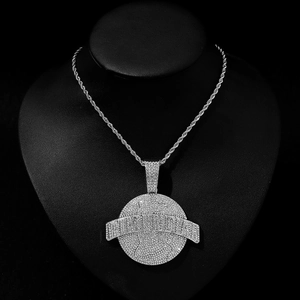Hip hop silver tone necklace with a large iced-out Worldwide globe pendant on a black bust