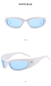 Detail view of white Y2K sunglasses with blue lenses and silver crescent moon logo
