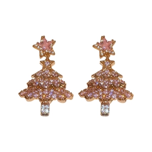 Elegant rose gold Christmas tree earrings with sparkling pink and white zircon stones
