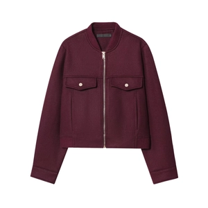 Giacca Bomber Corta Da Donna Consistenza Lana Zip Maniche Lunghe Bordo A Costine Tasche Sul Petto Borgogna Casual Chic