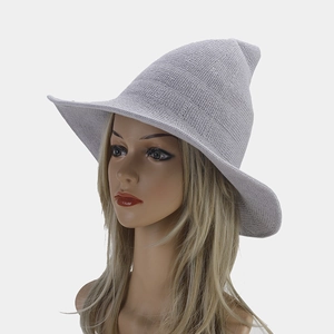 Detail view of the wave brim and pointed tip on this gray knit wizard hat for women
