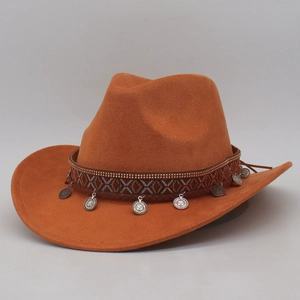 Brown felt cowboy hat with ethnic ribbon and silver coin charms shown from 45-degree angle