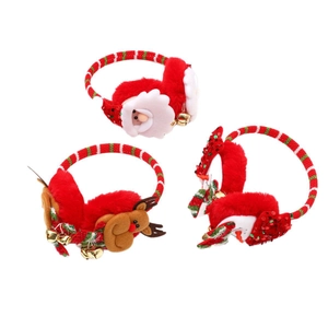 Plush Christmas earmuffs featuring festive Santa, reindeer, and sequined designs with bells